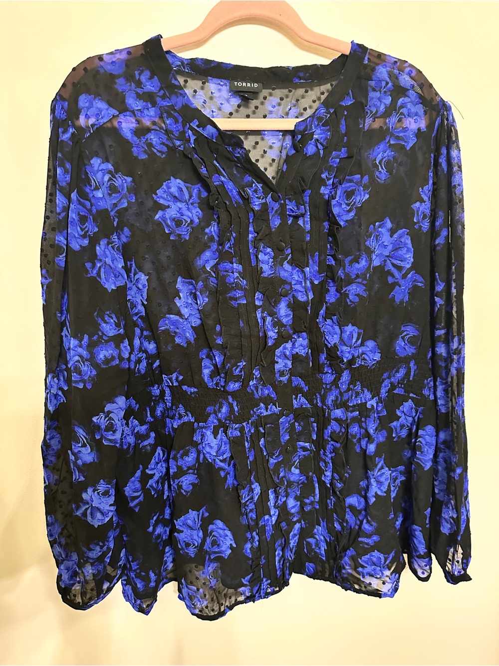 torrid Black Sheer Blouse with Royal Blue Floral Print